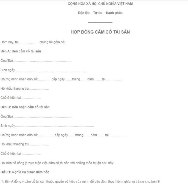 Mẫu hợp đồng cầm cố tài sản