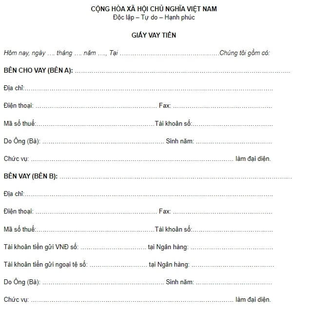 Mẫu giấy cho vay mượn tiền cá nhân