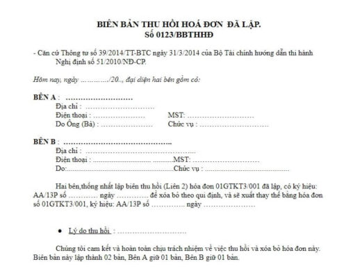 Mẫu biên bản thu hồi hóa đơn