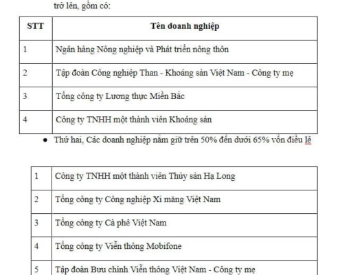 Danh mục các doanh nghiệp thực hiện cổ phần hóa đến hết năm 2020