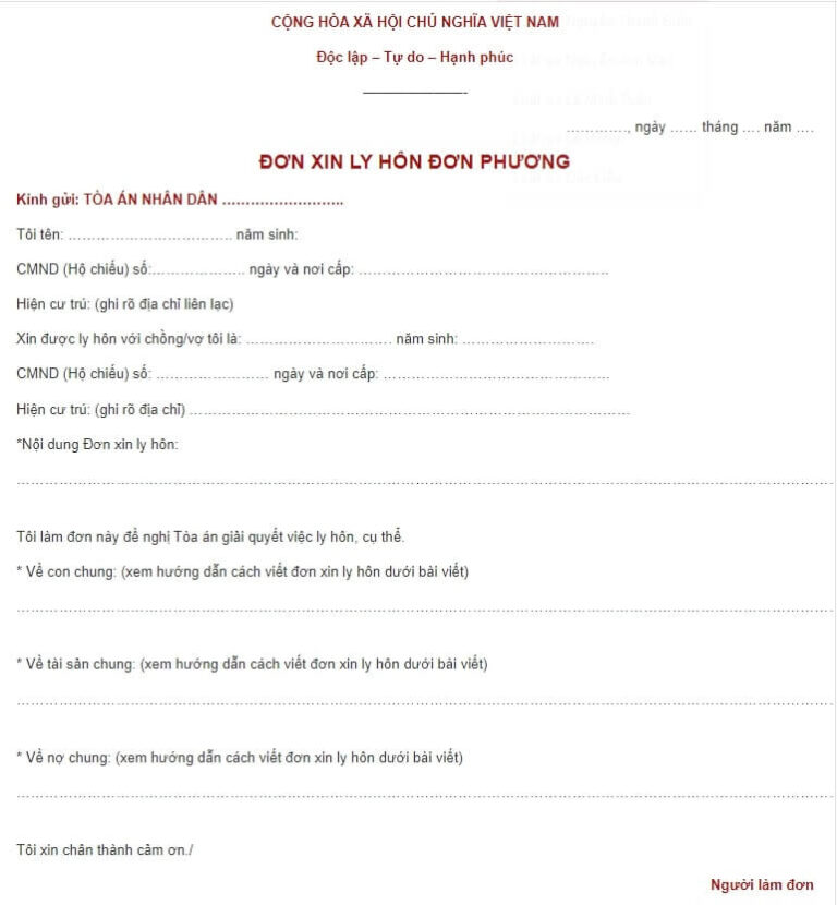 Mẫu đơn xin ly hôn đơn phương mới đầy đủ nhất năm [year]