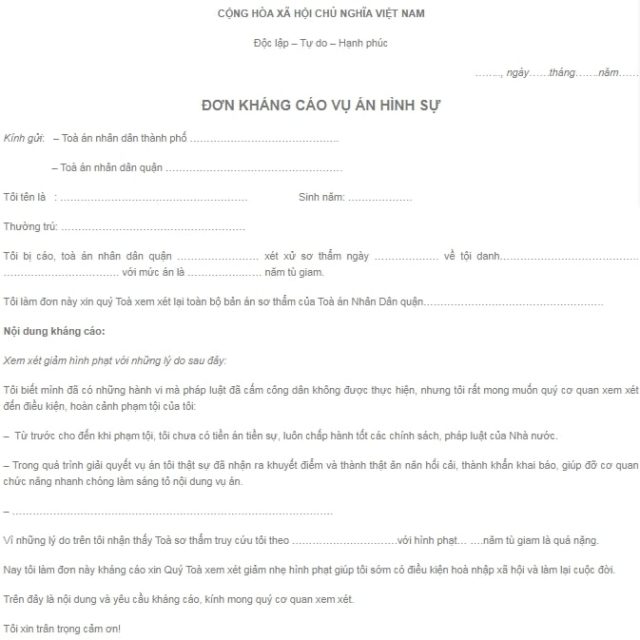 Mẫu đơn kháng cáo hình sự