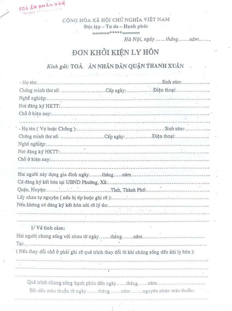 Mẫu đơn khởi kiện ly hôn mới nhất theo quy định năm [year]