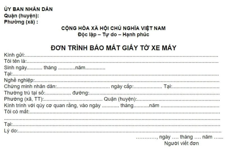 Mẫu đơn trình báo mất giấy tờ xe máy mới nhất năm [year]