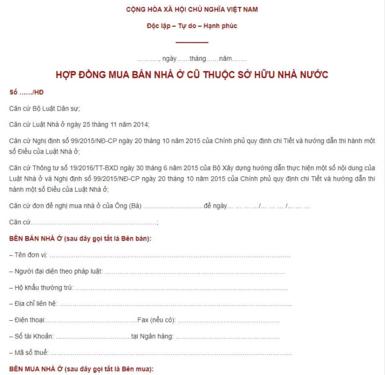 Mẫu hợp đồng mua bán nhà ở cũ thuộc sở hữu Nhà nước mới nhất năm [year]