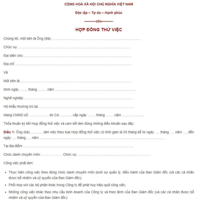 Mẫu hợp đồng thử việc chuẩn mới nhất năm [year]