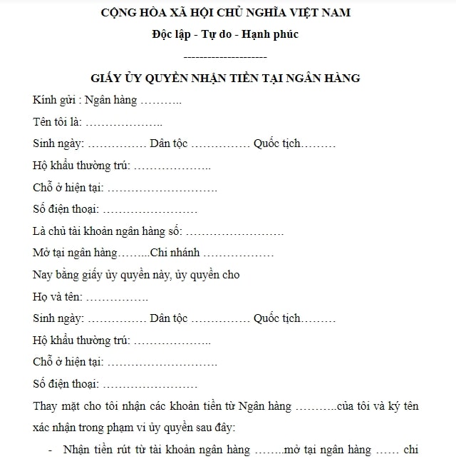 Mẫu giấy ủy quyền nhận hộ tiền, lĩnh tiền