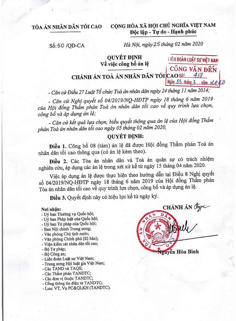 8 án lệ mới được Tòa án nhân dân tối cao công bố áp dụng từ 15/04/2020