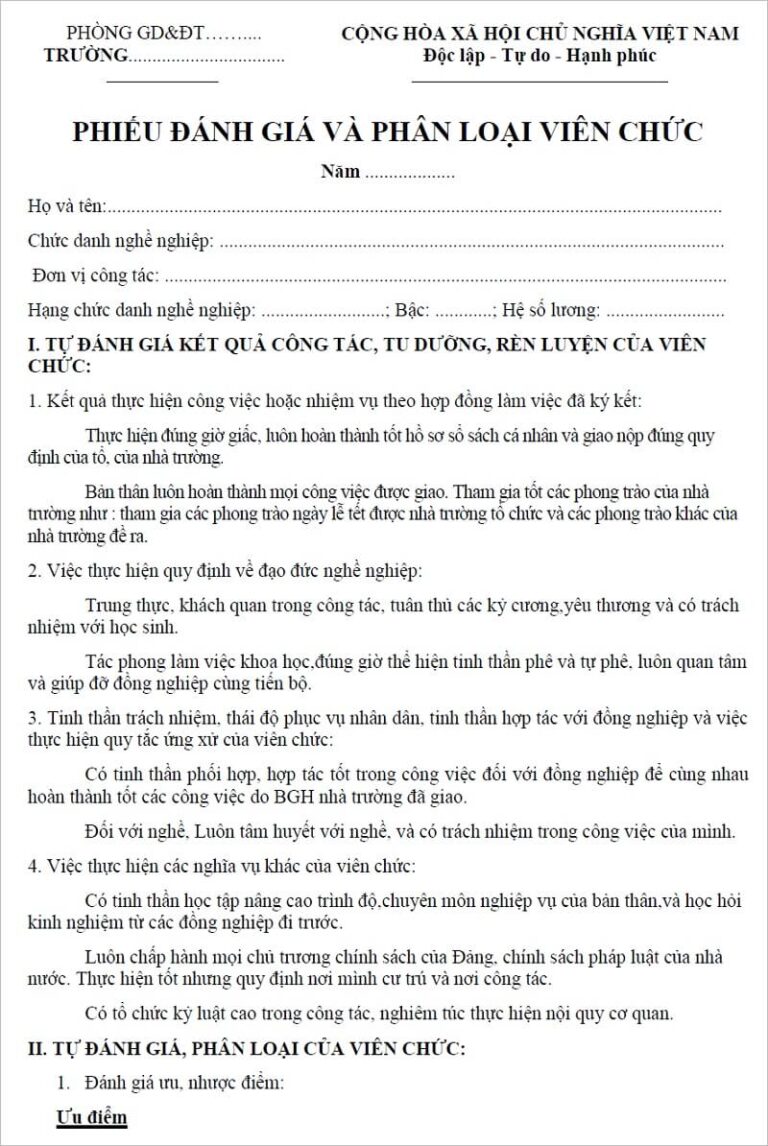 Mẫu Phiếu đánh giá, xếp loại chất lượng công chức, viên chức mới nhất năm [year]