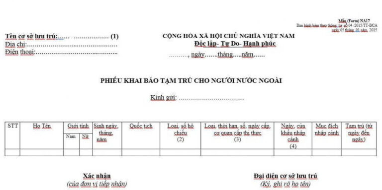Mẫu Phiếu khai báo tạm trú cho người nước ngoài năm [year]