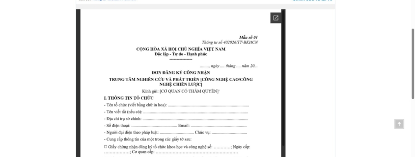 MẪU ĐƠN ĐĂNG KÝ CÔNG NHẬN TRUNG TÂM NGHIÊN CỨU VÀ PHÁT TRIỂN CÔNG NGHỆ CAO/CÔNG NGHỆ CHIẾN LƯỢC