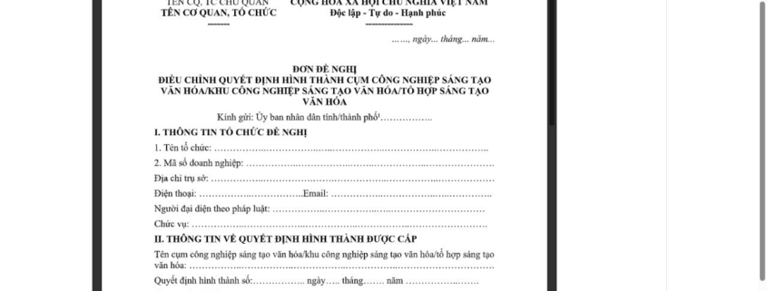 MẪU ĐƠN ĐỀ NGHỊ ĐIỀU CHỈNH QUYẾT ĐỊNH HÌNH THÀNH CỤM CÔNG NGHIỆP SÁNG TẠO VĂN HÓA/KHU CÔNG NGHIỆP SÁNG TẠO VĂN HÓA/TỔ HỢP SÁNG TẠO VĂN HÓA
