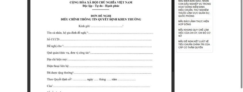 MẪU ĐƠN ĐỀ NGHỊ ĐIỀU CHỈNH THÔNG TIN QUYẾT ĐỊNH KHEN THƯỞNG