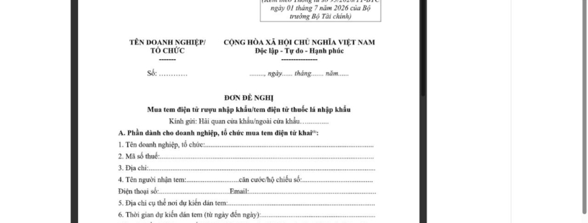 MẪU ĐƠN ĐỀ NGHỊ MUA TEM ĐIỆN TỬ RƯỢU NHẬP KHẨU/TEM ĐIỆN TỬ THUỐC LÁ NHẬP KHẨU